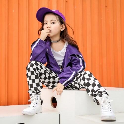 Childrens Hiphop Street Dancewear Suit Girls Boys Jazz Dance Costumes Clothes Long Sleeve Purple Modern Costume Stage Show Wear
