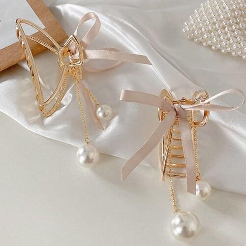 Women Pearls Hollow Hair Claws Geometric Hairpin Headdress Tassel Gripper Femininity Butterfly 2021 New Shark Gripper