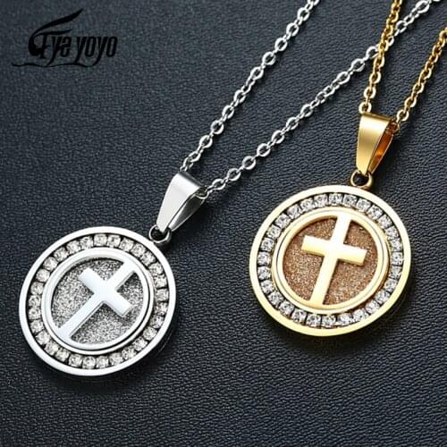 EyeYoYo Hip hop Fashion Zircon Cross Round Necklace Men Shine Party Pendant Necklace 316L Stainless Steel Trendy Jewelry