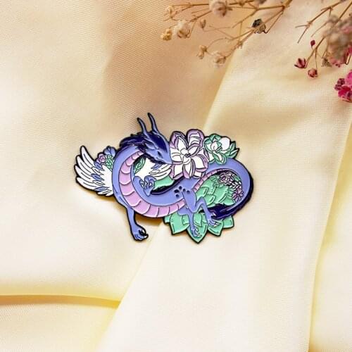 Purple Chinese dragon Enamel Brooches Wing flower leaf Ancient beast Lapel Pins Animals and plants Custom Badge
