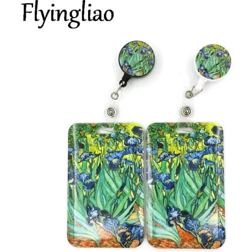 Van gogh Oil Painting Irises Cute Card Cover Clip Lanyard Retractable Student Nurse Badge Reel Clip Cartoon ID Card Badge Holder