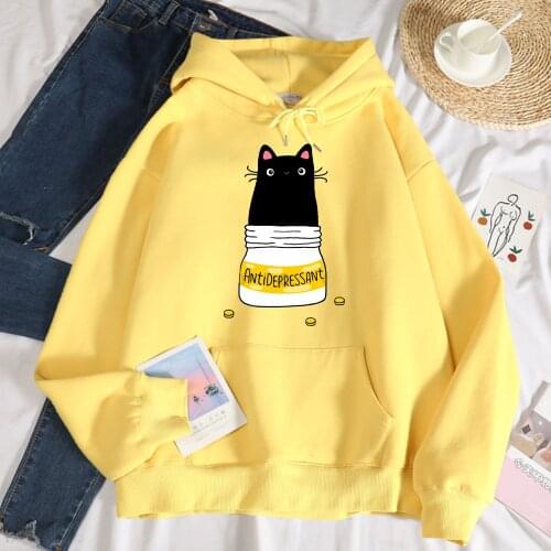 Comic Version Of The Little Cat Antidepressant Print Hoodies Women Autumn Casual Hoodie Loose Fashion Hoody Fleece Warm Men Tops
