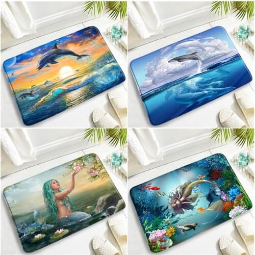Ocean Animal Dolphin Mermaid Home Door Mat Sea Wave Natural Landscape Bathroom Carpet Non-slip Rug Toilet Foot Pad Bath Mats Set