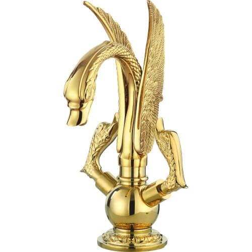 Free ship GOLD PVD single hole Double Knobs bathroom basin swan faucet mixer tap