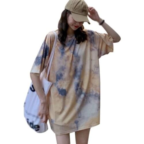Summer Korean Style Harajuku Style Tee Shirt Loose Women Tie-Dye Printed Short-Sleeved T-Shirt Ladies Casual Tees