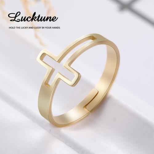 Lucktune Carved Cross Rings Religious Stainless Steel Jewelry Gifts for Women Men Adjustable Couple Finger Ring Jewelry