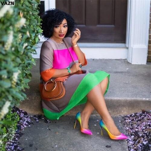 VAZN fashion 2020 summer sexy lady patchwork colorful mid dress full sleeve O-neck A-line dress lady streetwear special dress