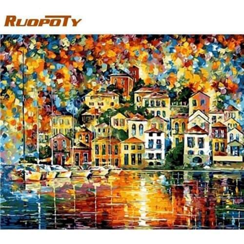 RUOPOTY 60x75cm Diy Oil Painting By Numbers Colorful House Landscape Paints Kits Drawing Canvas Home Living Room Decor Artwork