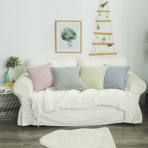 Polyester-cotton Fabric Sofa Cushion Cover with Pompom Ball 45x45cm Striped Pillow Cover Decor Home Bedding Office Hotel