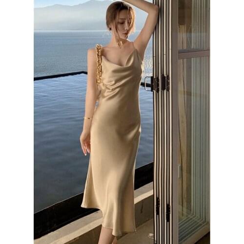 Real Shot 2021 New Fashion Ladies Silk Slim Satin Suspender Dress Female Long