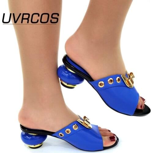 New Arrival Blue Color High Heels Slip on Shoes Decorated with Rhinestone Nigerian Women Wedding Shoes African Women Party Shoes