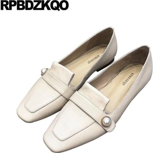 Flats Genuine Leather Slip On Handmade 2021 Ladies China White Designer Real Chinese Women Dress Shoes Loafers Square Toe Pearl