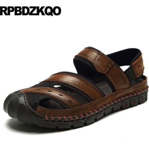 Roman breathable brown shoes genuine leather mens sandals 2019 summer outdoor black closed toe flat gladiator high quality strap