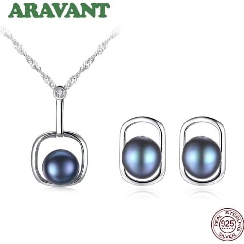 Black Pearl Jewelry Set Natural Freshwater Pearl Necklace Stud Earrings 925 Sterling Silver Jewelry For Women