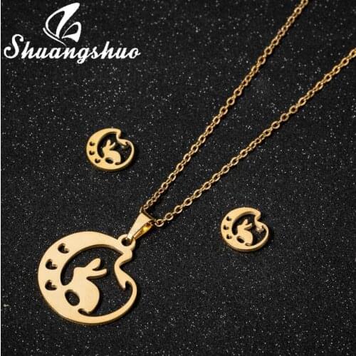 Shuangshuo Trendy Moon Rabbit Cute Animal Pendant Necklace Earrings Stainless Steel Jewelry Set for Women Men Christmas Gift