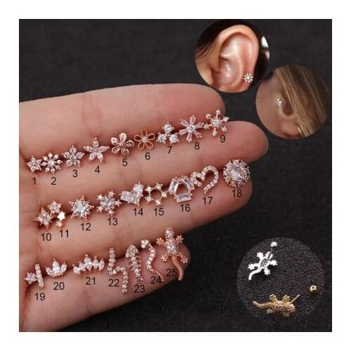 1piece 25 styles Gold/Rose Silver Color CZ Tragus Cartilage Stainless Steel Ear Stud Piercing Crystal Daith Piercing Jewelry