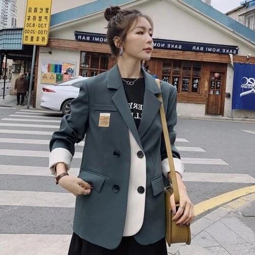 2021 Spring Autumn Female Office Lady Suit Jacket Notched Collar Long-Sleeved Single Breasted Patchwork Green Blazer Coat Women