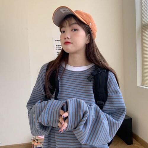 2660 Stripe Sweatshirt Women Spring Long Sleeve O-Neck BF Vogue Retro Korean Style Student Mid Length Top Casual Daily Pullovers