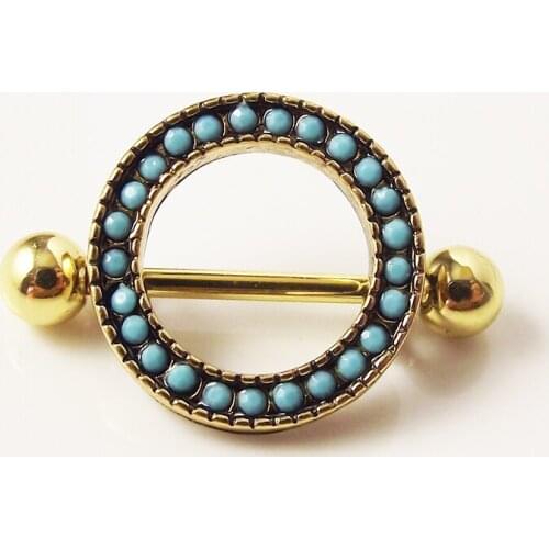 2piece 14G Punk Rock Round Circle Nipple Shield Rings Body Piercing Jewelry Blue Pearl Nipple Bar ring For Women Gift