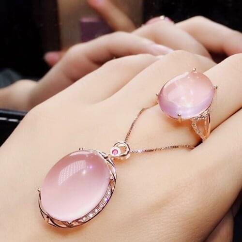 Per jewelry Natural real rose quartz oval style big jewelry set 1pc 7.5ct ring 1pc 13ct pendant 925 sterling silver J20473