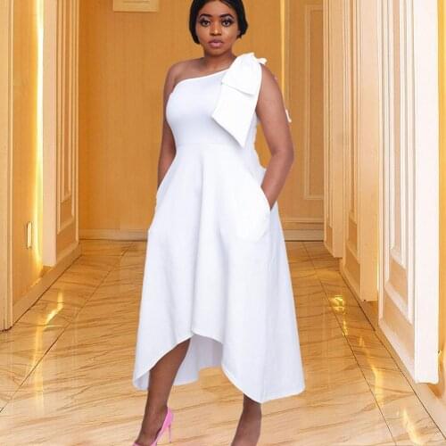 Women Summer One Shoulder Dresses Big Bow Party Event Fit High Low Dress Bright Color Large Size Birthday Occasion Celebrity New