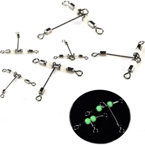 10PCS/Lot T Shape Fishing Snap Swivel 3 Way Barrel Ring Fishhook Lure Line Connector With Luminous Beads Fishing Accessory
