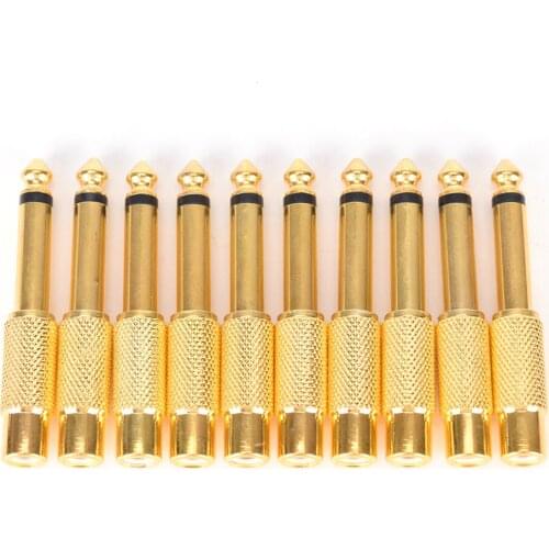 10 Pcs Gold Plated 6.35mm Male 1/4 for Mono Jack Plug Audio Connector Soldering To RCA Female Jack Audio Adapter Connector