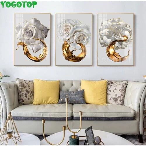 White Rose Gold Edge Flower diamond embroidery square round diy diamond painting cross stitch 3 pcs handmade mosaic Art ML1480