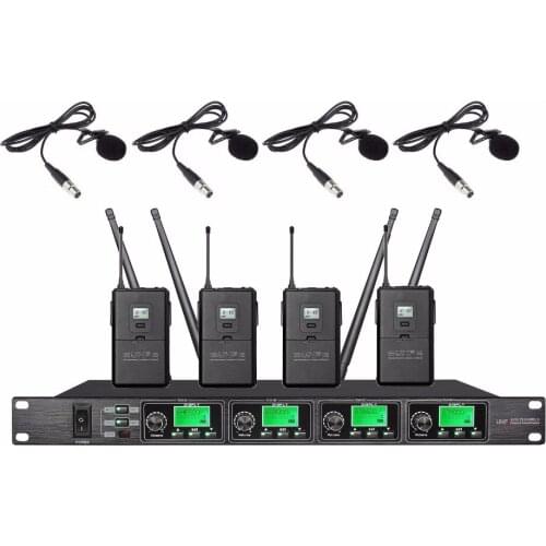 Bolymic 4 Channels Wireless Lavalier Microphones professional uhf stage microphone system for Church,school, Business Meeting
