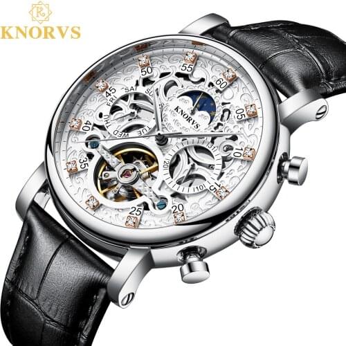 KNORVS Skeleton Mens Watches Top Brand Luxury Automatic Mechanical Tourbillon Watch Men Luxury Fashion Moon Phase Reloj Hombre