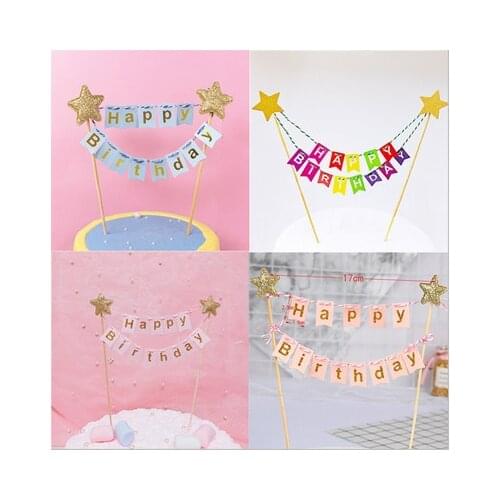 Baby 1st happy birthday Dessert Table Decoration Mini Happy Birthday Banner Star powder gold Cake Topper Cupcake Toppers Flags