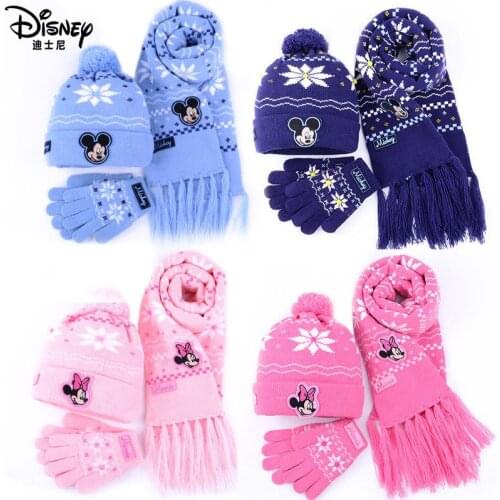 Disney 3Pcs Hat Scarf Gloves Set For Kid Children Boy Girl Winter Outdoor Thick Knitted Cap Full Finger Mickey Minnie 2020 New