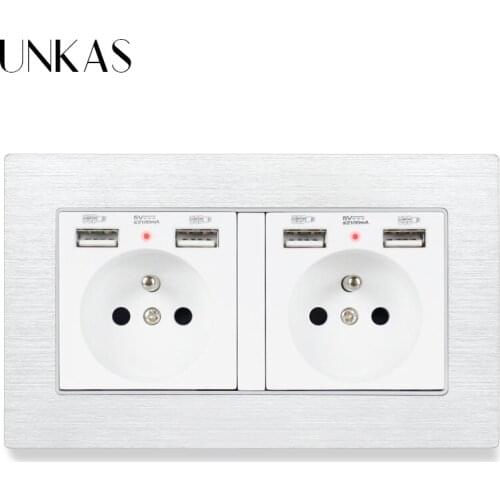 UNKAS French Standard Wall Socket With 4 USB Charge Port For Mobile Phone Hidden Soft LED Indicator Black Aluminum Panel