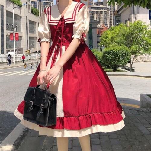 Hstar 2021 Summer Women Harajuku Japanese Lolita Sweet Lace Up Kawaii Style Short Sleeve Dress Female Sailor Collar Vestidos