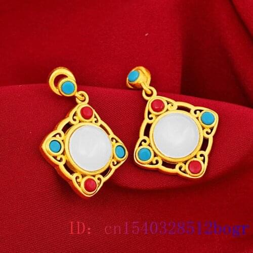 Jade Ear Studs Gifts Fashion Zircon Jewelry Natural 925 Silver White Women Earrings Crystal Chalcedony Gemstone Amulet