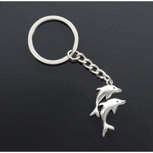 New Fashion Men 30mm Keychain DIY Metal Holder Chain Vintage Double Dolphin Show 32x22mm Silver Color Pendant Gift