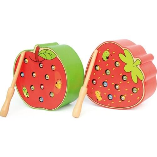 Funny Apple Strawberry Shaped Catch Bal Insect Game Toy Montessori Wooden Magnetic Stick Worm Educational Toy for Kids Baby gift