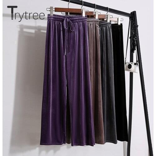 Trytree Autumn Winter Women Pants Casual Loose Shiny Velvet Wide Leg Pants Elastic Waist Drawstring Solid Hip Hop Womens Pants