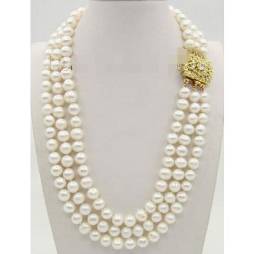 16"-18" 3row 9mm round white FW pearls necklace gold clasp e2078