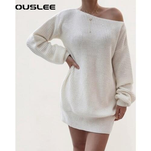 OUSLEE Women Sweater Dress Autumn Winter Sexy Slash Pullover Dresses Casual Loose Knitted Sweaters Dress Female Vestido Mujer XL