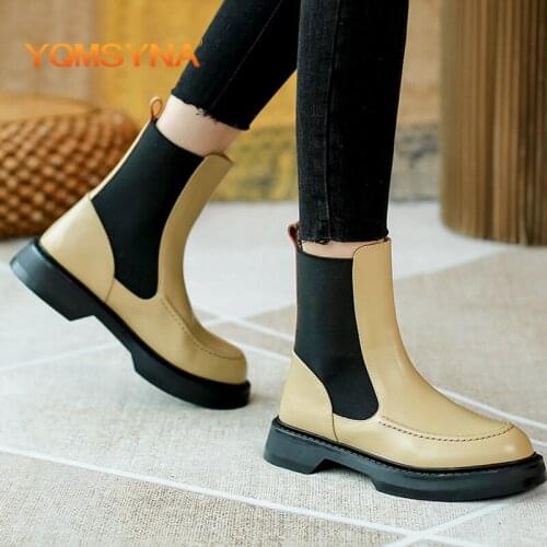 YQMSYNA Casual Chelsea Boots Genuine Leather Mid-Calf Spring/Autumn Round Toe Non-slip Boots Office Commute Slip-On Shoes AS304