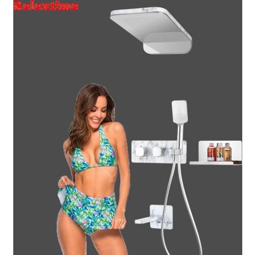 Luxury White Marble Water Transfer Concealed Thermostatic Shower Set Bathroom Shelf Faucet Tap Mixer Valve Overhead Rain Head
