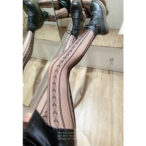 Sexy Black Silk Love Striped Hollow Fishnet Stockings Lovely JK Beautiful Leg Stockings Female Pantyhose Sexy Pantyhose Hosiery