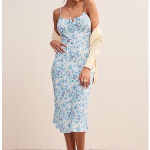 Top Version Silk 100% Light Blue Floral Print Strap Dress - 2019ss Spaghetti Strap Blue Floral Printed Slim Midi Long Dress