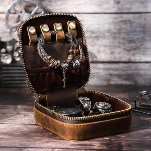 Contacts Crazy Horse Leather Vintage Jewelry Organizer Portable Zipper Jewellery Storage Box Display Case Personalized Engrave