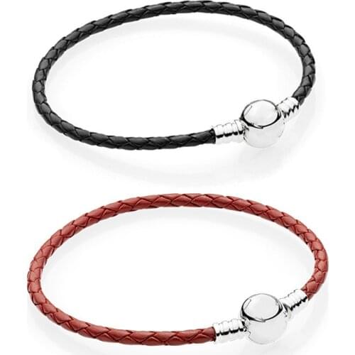 925 Sterling Silver Black Leather Ball Clasp Snake Pan Bracelet Fit Women Bead Charm Jewelry