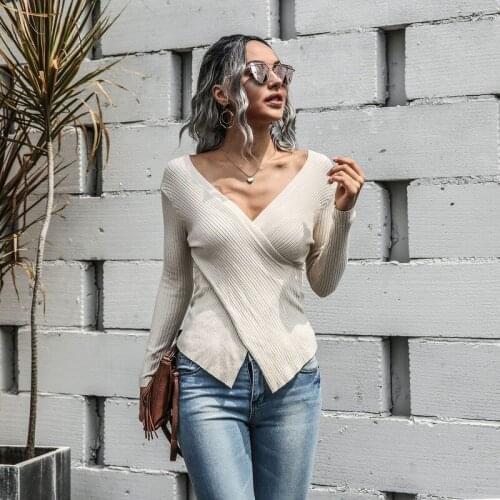 V Neck Solid Color Women Knit Pullovers Autumn Spring Long Sleeve Knitwear Tight Chic Tops
