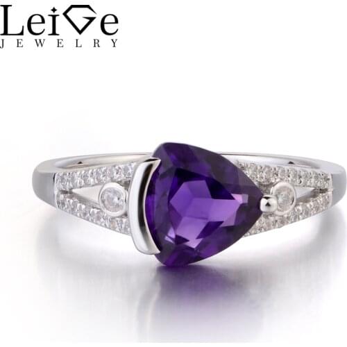 Leige Jewelry Natural Amethyst Solid 925 Sterling Silver Ring Purple Gemstone Birthstone Trillion Cut Engagement Rings for Her