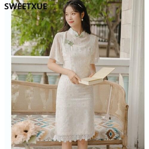 SWEETXUE 2021 Summer Womens Floral Cheongsam Fairy Chinese Style Temperament Party Cute Chic Dress Female