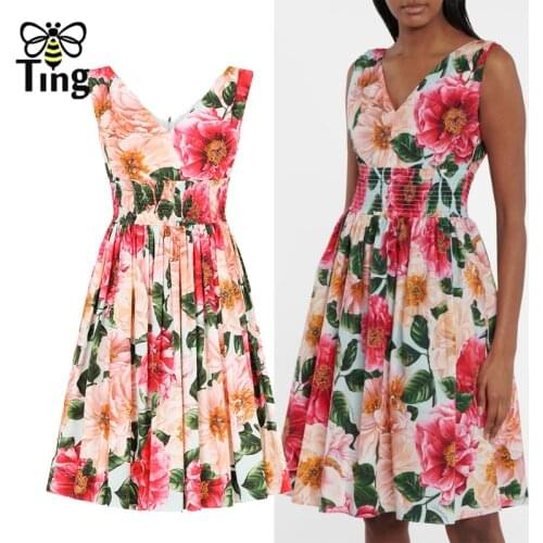 Tingfly Summer Fashion Runway Aesthetic Floral Dress Women V-neck Elastic Waist Flower Vintage Vacation Mini Dress Vestidos Eam